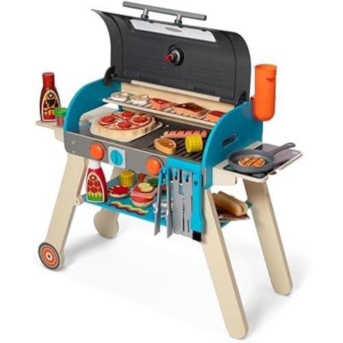 Melissa & Doug Wooden Deluxe Barbecue Grill, Smoker and Pizza Oven Play Food Toy for Pretend Play Cooking for Kids