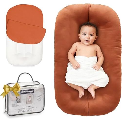 Baby Lounger for Newborn - Snuggle Cozy Me Lounger | Breathable Soft Cotton, 0-24 Months Portable Playtime Baby Nest, Newborn Baby Essentials Gifts- Orange (1 Lounger + 1 Cover)
