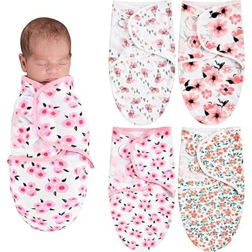 Newwiee 4 Pcs Preemie Baby Swaddle Wrap Adjustable Cotton Preemie Swaddle Blanket for Newborn Boys Girls(Flower Style,Fit for Preemies)