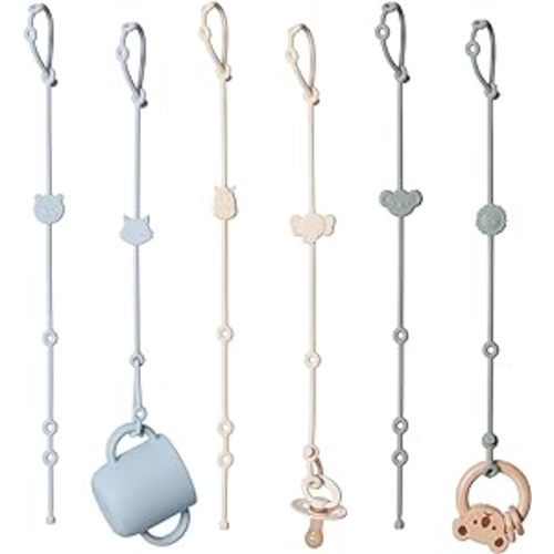 Toy Straps for Baby 6pcs, Silicone High Chair Toys Straps Stroller Accessories Toddler Bottle Straps Car Seat Toys Baby Travel Essential Baby Toy Clips, Silicone Pacifier Clip Ivory+Sage+Baby Blue