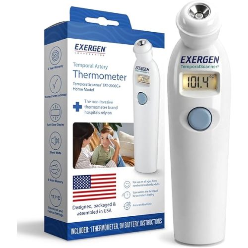 Exergen TAT-2000C+ Thermometer for Adults, Kids, & Newborns, 9V Included