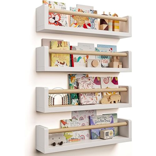 Nursery Book Shelves - 4 Pack, Wall Book Shelves for Bedroom Kids, Kids Wall Book Shelf, Book Shelf for Kids Rooms, Floating Book Shelves for Toddler, Baby, Play Room, Nursery Decor