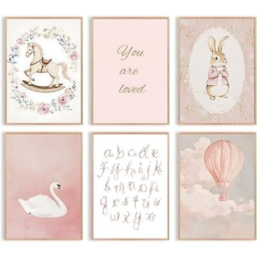 Uniro Pink Nursery Wall Decor Art Prints, Vintage Baby Girl Nursery Room Decor, Cute Baby Girl Room Decor Swan Bunny Hot Air Balloons Alphabets Canvas Painting, Antique Nursery Poster for Little Girl's Bedroom, Kids Room Decor-8x10inch|Unframed
