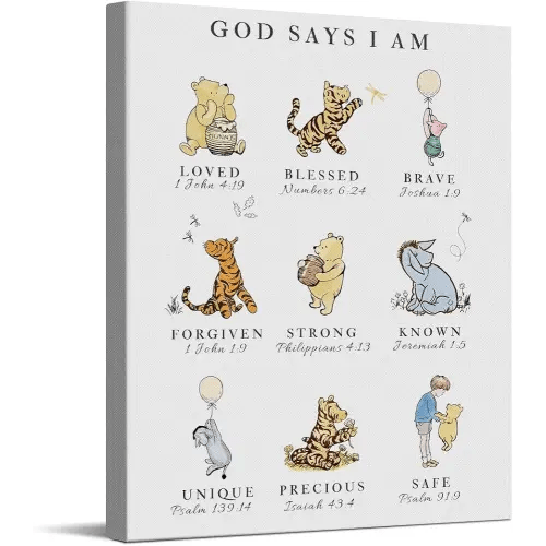 CYFDYVT Classic the Pooh Bear Inspirational Quote Wall Art God Says I AM Biblical Affirmation Canvas Painting Pictures Wall Decor For Home Nursery Kids' room Sign Artwork Ready to Hang 8x10 Inch