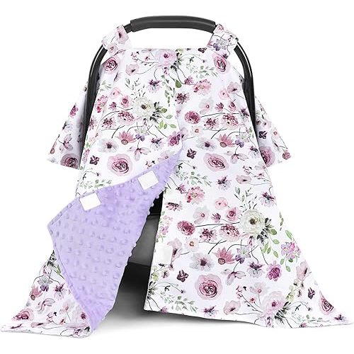 Baby Car Seat Cover, Soft Minky Warm Winter Car Seat Canopy for Infants & Toddlers, Opening with Adjustable Strap, Breathable Nursing Cover & Stroller Blanket, Purple Flowers (Fits Most Car Seats)