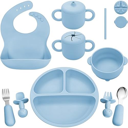 Silicone Baby Feeding Set, Baby Led Weaning Supplies, Eating Essentials Utensils with Suction Plate and Bowl, Pocket Bib, Sippy Cup with Lid, Forks Spoons Snack Container, for 6+ Months, Blue