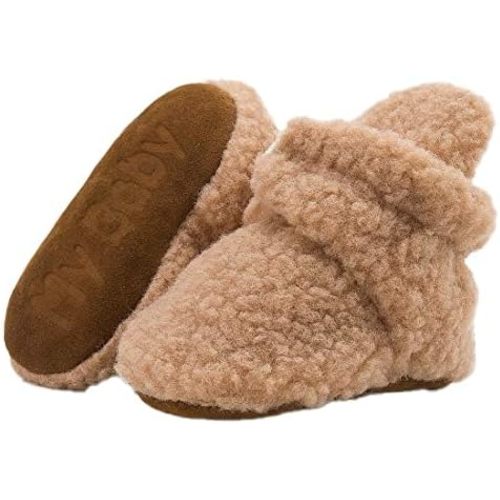 KIDSUN Newborn Infant Baby Boys Girls Fleece Booties Stay On Socks Soft Shoes Non Skid Winter Warm Christmas Slippers - 3-6 Months Infant - B1_khaki