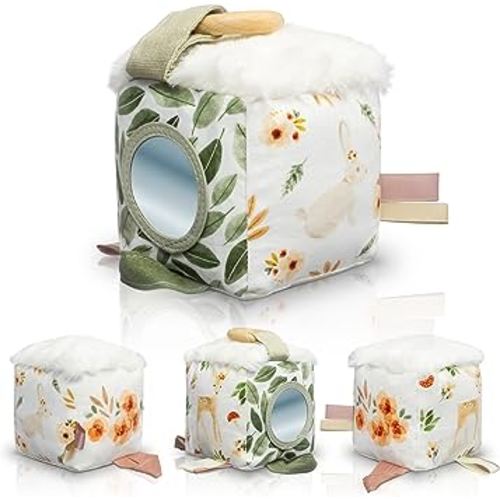 Soft Toy Block with Wooden Ring for Babies 0-3 and 0-6 Months - The Perfect High Contrast Activity Cube & Teething Toy with Tummy Time Mirror for Newborns - A Fun Sensory & Development Toy for Infants