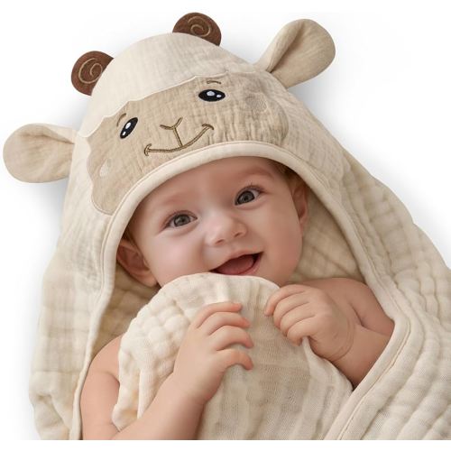 Blissful Diary Muslin Baby Hooded Towel 1 Pack, Soft & Absorbent Bath Towel for Infant, Toddler, Unisex, Baby Gift, Newborn Essentials, Gentle Lamb
