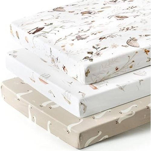 Stretchy Ultra Soft Jersey Knit Fitted Pack and Play Sheets Set 3 Pack, Portable/Mini Crib Sheets for Boys and Girls, Universal Fit for Pack N Plays Safe and Snug, Stylish Pattern of Duck Happy Party