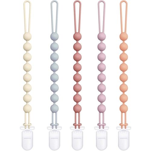 Cuddle Campus Silicone Pacifier Clip Holder with One Piece Design, Pack of 5 Soft Flexible Binky Clips for Baby Boy and Girl Set 5((3M+ Plastic Clip)