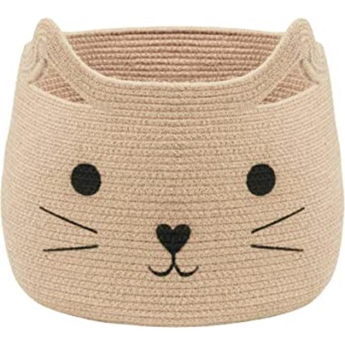 VK VK·LIVING Animal Baskets Large Woven Cotton Rope Storage Basket with Cute Cat Design Animal Laundry Basket Organizer for Towels, Blanket, Toys, Clothes, Gifts – Pet or Baby Gift Baskets 15"Lx14H"
