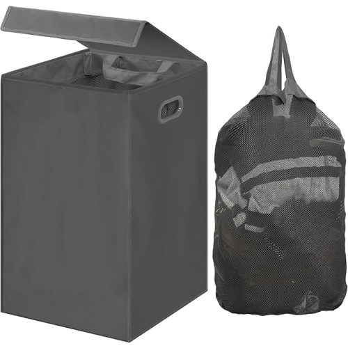 Simple Houseware Foldable Laundry Hamper Basket with Lid and Removable Bag, Dark Gray