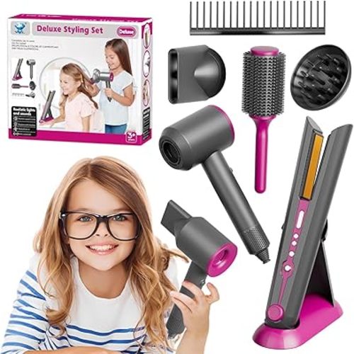 Girls Hair Salon Toys for Girls Beauty Salon Deluxe Styling Set -Kids Hair Dryer Toy, Straightener Hairdryer with Real Function, Interactive Lights & Sounds Fashion Play Set for Children Age 3+