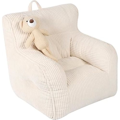 Kids Bean Bag Chair with a Plush Bear, Comfy Toddler Chair for Boys and Girls, Beige