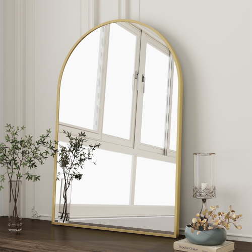 BEAUTYPEAK 20"x 30" Bathroom Mirror Wall Vanity Arched Mirror, Gold, Crown Shape