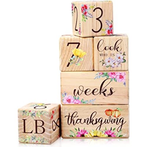 Sintuff 6 Pcs Baby Monthly Milestone Blocks Set Flower Natural Wooden Newborn Age Blocks with Week Month Year Grade Day Baby Age Photo Props for Girls Boys Shower Birthday Gift Decor