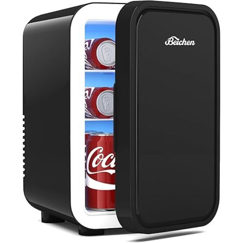 Mini Fridge,6 Liter / 8 Can Small Fridge for Bedroom, Car, Office & Dorm, 110V AC/DC Portable Thermoelectric Cooler & Warmer for Skincare, Food, Drinks,Black
