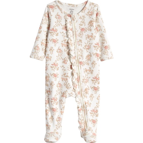 Baby Floral Ruffle Zip-Up Cotton Footie, Newborn, Ivory Egret Backyard Friends