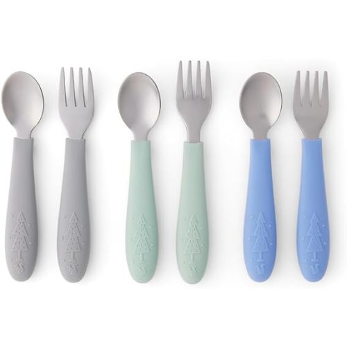 Elk and Friends Kids Silverware with Silicone Handle | Childrens Safe Flatware | Toddler Utensils | Baby Spoons + Forks | Stainless Steel Cutlery