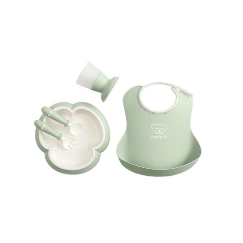 BabyBjörn Baby Dinner Set, 5 pcs, Powder green Includes Baby Plate, Baby Fork, Baby Spoon, and Baby Cup Dishwasher Safe Toddler feeding set for self-feeding or baby-led weaning