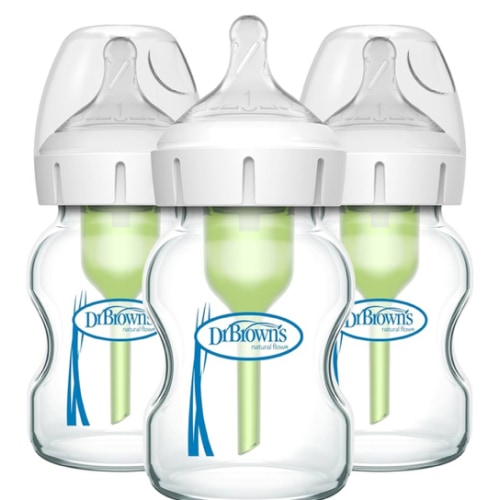 Dr. Brown's Natural Flow Anti-Colic Options+ Wide-Neck Glass Baby Bottles 5 oz/150 mL, with Level 1 Slow Flow Nipple, 3 Pack, 0m+