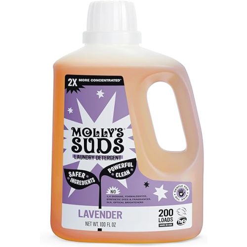 Molly's Suds Liquid Laundry Detergent | Clean Laundry Detergent Soap for Sensitive Skin | 2x Concentrated, High Efficiency (HE) (Lavender - 200 Loads)