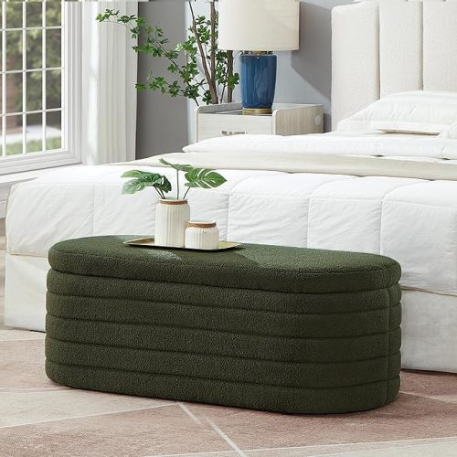 Ball & Cast Storage Bench, Upholstered Oval Ottoman, End of Bed Stool with Safety Hinge for Bedroom, Living Room, Entryway, Teddy Fabric, Dark Green