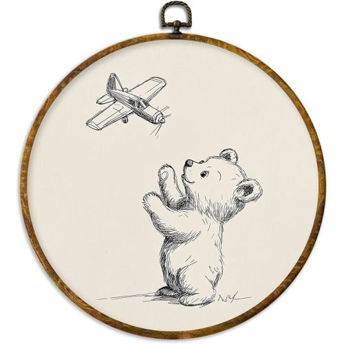 XPH Bear Airplane Nursery Round Wall Art Framed, Kids Room Circle Wall Decor, Neutral Minimalist Sketch Airplane Bear Hanging Canvas Prints for Kids Nursery Bedroom Playroom Decoration, 10x10 Inch