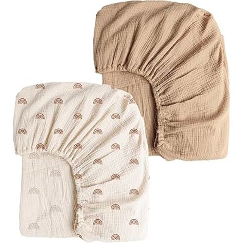 Konssy Muslin Crib Sheets for Girl Boy, 2 PCS Soft and Breathable Cotton Baby Sheets for Standard Crib Mattress, 52"x 28" (Camel, Rainbow)