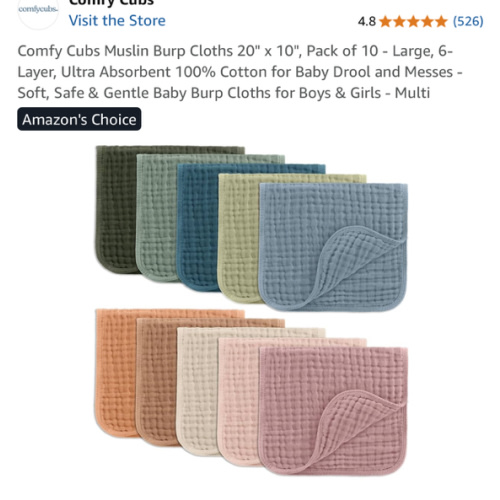 Comfy Cubs Muslin Burp Cloths 20" x 10", Pack of 10 - Large, 6-Layer, Ultra Absorbent 100% Cotton for Baby Drool and Messes - Soft, Safe & Gentle Baby Burp Cloths for Boys & Girls - Multi