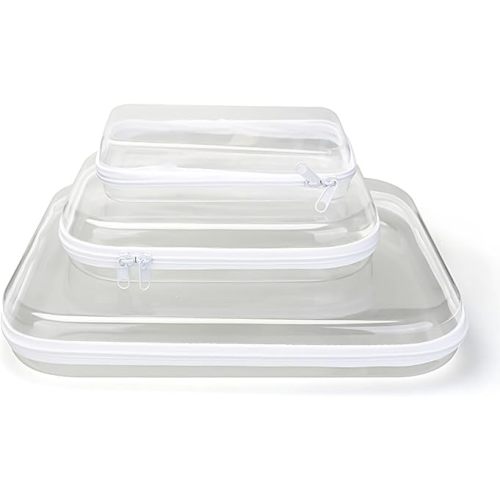 3PCS Clear Zipper Cases, Portable Clear Organizer Bag for Travel, Double Zippered Hard Shell Plastic Clear Pencil Case, Cosmetic Bag for Make Up Tools, Toiletries, Toy Storage