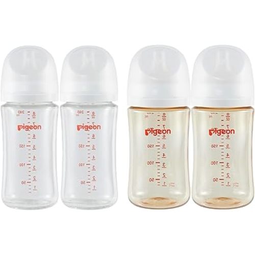 Pigeon Nursing Baby Bottle Wide Neck(Pack of 4, 2 Glass Bottles & 2 PPSU Bottles), Streamlined Body, Natural Feel, Easy to Clean, Heat-Resistant, 8.1Oz