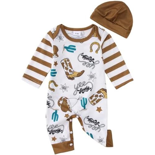 BOUTIKOME Infant Baby Boy Outfit Retro Cowboy Partner Howdy Graphic Romper Newborn Onesie Jumpsuit Hat 2Pcs Set