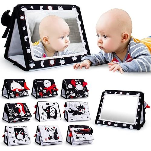 Tummy Time Mirror, Baby Tummy Time Toys with Soft Book, Black and White High Contrast Baby Toys, 3D Activity Sensory Montessori Toys Crawling Mat