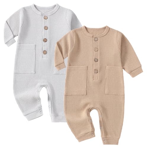 3-6 Month Baby Boys 2 Pack Solid Romper Ribbed Long Sleeve One-Piece
