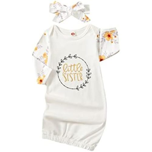 Newborn Baby Girl Little Sister Sleeper Gown Stripe Long Sleeve Nightgown Outfit