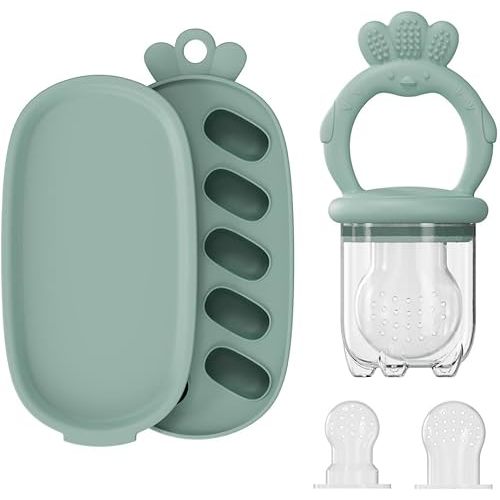 Baby Fruit Feeder with Freezer Tray Silicone Baby Teethers Food Feeder Freezer Popsicle Molds for Teething Relief (Green)