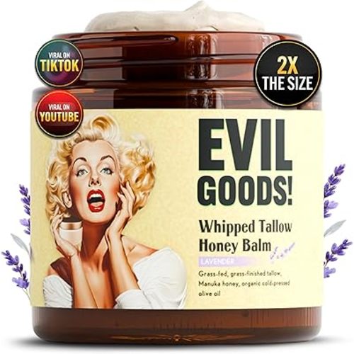 Whipped Beef Tallow and Manuka Honey Balm, 4oz, Lavender, Grass Fed Grass Finished Organic Face Cream, Moisturizer, Body Lotion, Skin Care and Lip Balm (4 oz, Lavender)