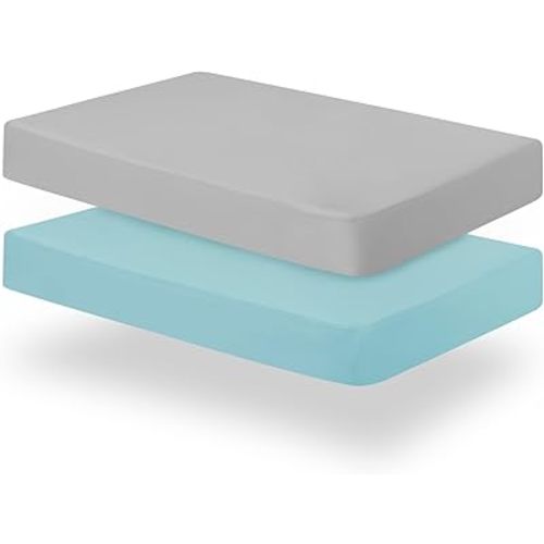 Biloban Pack and Play Sheets Fitted, 2 Pack Pack and Play Sheet Fits for Graco Pack n Play Mattress, Neutral Playard Sheets for Baby Boys and Girl, Grey & Aqua, 38”X 26”