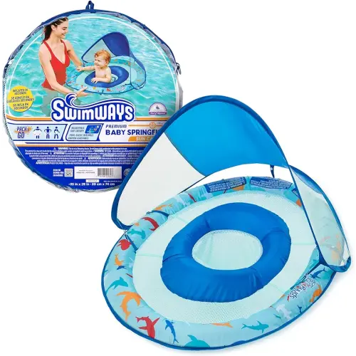 Swimways Baby Spring Float, Baby Pool Float with Canopy & UPF Protection, Swimming Pool Accessories for Kids 9-24 Months, Shark