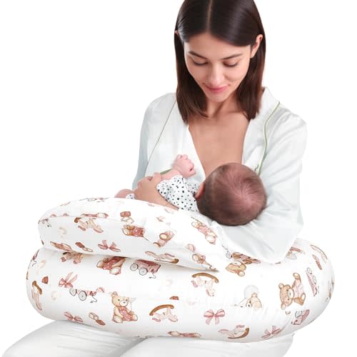 AMASKY Nursing Pillow for Breastfeeding and Bottle Feeding, Ergonomic Support for Mom and Baby, Removable Washable Cover, Pink Bear Pattern, Pallet of Product