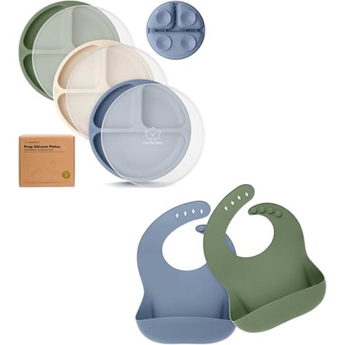 KeaBabies 3-Pack Suction Plates with Lids for Baby and 2-Pack Baby Silicone Bibs - 100% Silicone Suction Plates for Baby, Kids, Toddler Plates, Waterproof, Easy Wipe Silicone Bib for Babies, Toddlers