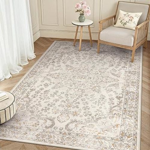 Wonnitar Vintage 5x7 Washable Rug, Neutral Rugs for Living Room Decor, Beige Non Slip Ultra-Thin Soft Boho Floral Room Carpet for Bedroom Nursery Dining Room Farmhouse Office Home Décor