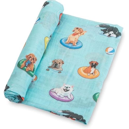 LollyBanks Swaddle Blanket - 100% Cotton Muslin, Neutral, 47 x 47 Inches, Baby Blanket for Boys & Girls, Registry (Swimming Dogs Print)