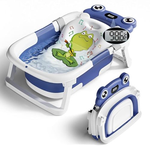 Baby Bathtub, Collapsible Newborn Bathtub for Infant to Toddler 0-24 Months with Soft Bath Net,Portable Travel Newborn Tub with No-Slip Feet, Baby Shower Gifts,Navy Blue