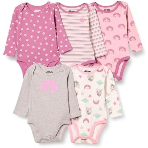 Amazon Essentials Disney | Marvel | Star Wars | Princess Baby Girls Long-Sleeve Bodysuits, Pack of 5