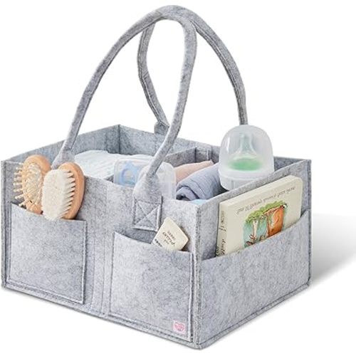 Upgraded Baby Diaper Caddy Organizer, Portable Nursery Storage Bin with Handle, Side Pockets Car Organizer for Diapers and Baby Wipes Essentials, Registry Gift Baskets (Small-Grey)