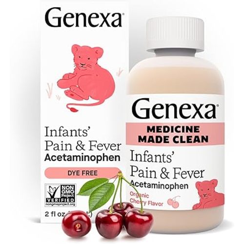 Genexa Infants’ Clean Pain & Fever Acetaminophen, Dye Free, 0% Artificial Additives, Delicious Organic Cherry Flavor, Liquid Oral Suspension Medicine for Baby, 160 mg per 5mL, 2 fl oz