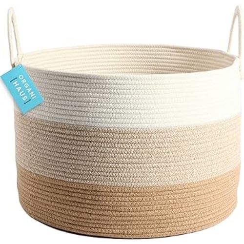 OrganiHaus Woven Baskets for Storage 20x13 | Modern Boho Laundry Basket | Cotton Rope Blanket Basket for Living Room | Extra Large Storage Basket for Kids | Laundry Hamper & Blanket Holder - Honey